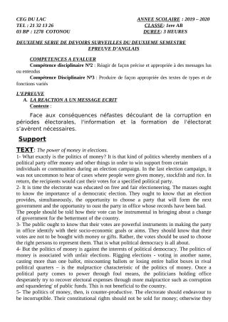 Première page de Anglais 1ère B — 2e devoir surveillé, 2e semestre (2019-2020) · CEG du Lac