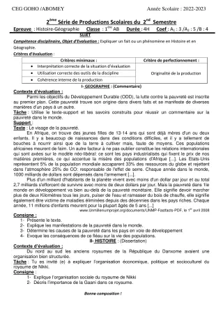 Première page de Histoire-Géographie 1ère A & B — 2e production scolaire, 2e semestre (2022-2023) · CEG GOHO