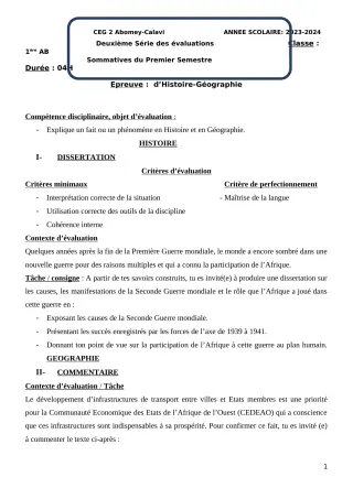 Première page de Histoire-Géographie 1ère A & B — 2e évaluation sommative, 1er semestre (2023-2024) · CEG2 ABOMEY - CALAVI (CEG ZOCA)