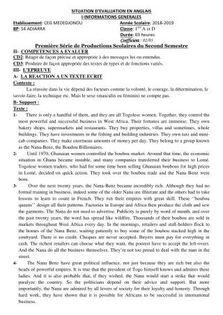 Première page de Anglais 1ère A, 1ère D — 1re production scolaire, 2e semestre (2018-2019) · CEG Mèdédjonou