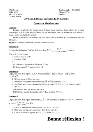 Première page de Mathématiques 2nde C — 2e devoir surveillé, 2e semestre (2019-2020) · CEG du Lac