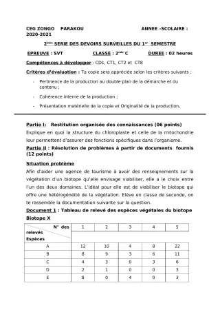 Première page de SVT 2nde C — 2e devoir surveillé, 1er semestre (2020-2021) · CEG ZONGO