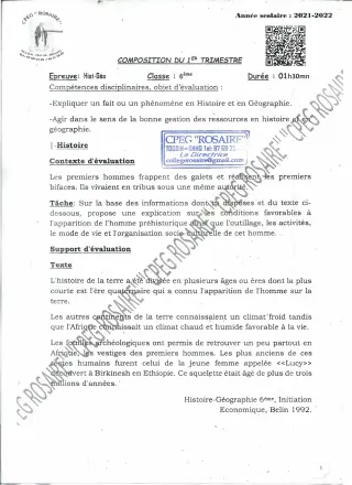 Première page de Histoire-Géographie 6e — 2e composition, 1er trimestre (2021-2022) · CPEG ROSAIRE