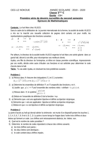 Première page de Mathématiques 1ère C — 1er devoir surveillé, 2e semestre (2021-2022) · CEG LE NOKOUE