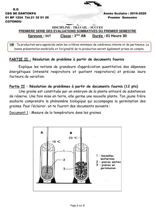 Première page de SVT 1ère A2, 1ère B — 1re évaluation sommative, 1er semestre (2019-2020) · CEG Dantokpa