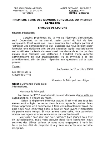Première page de Français 4e — 1er devoir surveillé, 1er semestre (2021-2022) · CEG Kouhounou-Vêdoko