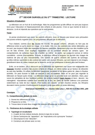 Première page de Français 4e, 4e ML — 2e devoir surveillé, 2e trimestre (2019-2020) · CPEG LE PHARAON