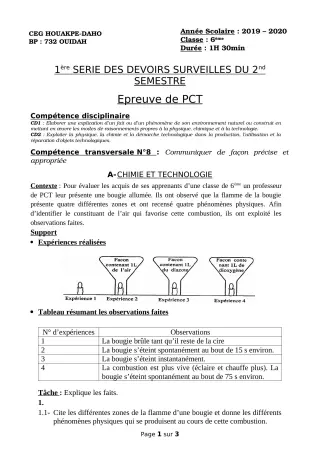 Première page de PCT 6e — 1er devoir surveillé, 2e semestre (2019-2020) · CEG Houakpe daho