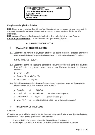 Première page de PCT 1ère C — 2e évaluation sommative, 2e semestre (2021-2022) · CEG2 ABOMEY - CALAVI (CEG ZOCA)