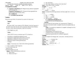 Première page de Anglais 6e, 5e, 4e, 4e ML, 3e, 3e ML, 2nde A2, 1ère A2, 1ère D, Tle D — 1er devoir surveillé, 1er semestre (2019-2020) · CEG SORI