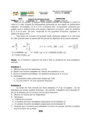 Première page de Mathématiques 2nde A2 — 2e devoir surveillé, 1er semestre (2023-2024) · CEG SEKERE