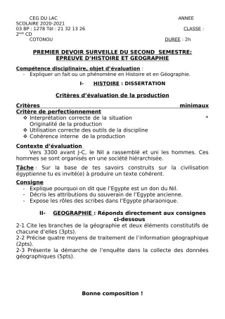 Première page de Histoire-Géographie 2nde C, 2nde D — 1er devoir surveillé, 2e semestre (2020-2021) · CEG du Lac