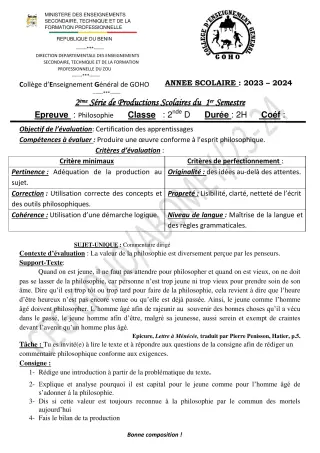 Première page de Philosophie 2nde D — 2e production scolaire, 1er semestre (2023-2024) · CEG GOHO