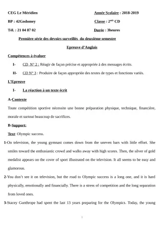 Première page de Anglais 2nde C, 2nde D — 1er devoir surveillé, 2e semestre (2018-2019) · CEG Le Méridien