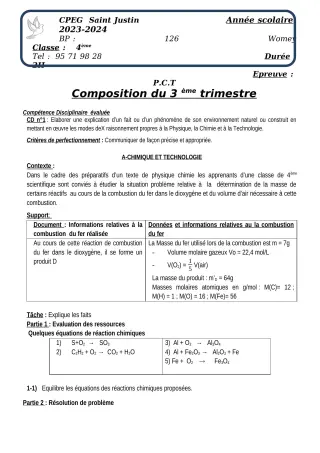 Première page de PCT 4e — Composition, 3e trimestre (2023-2024) · CPEG SAINT Justin