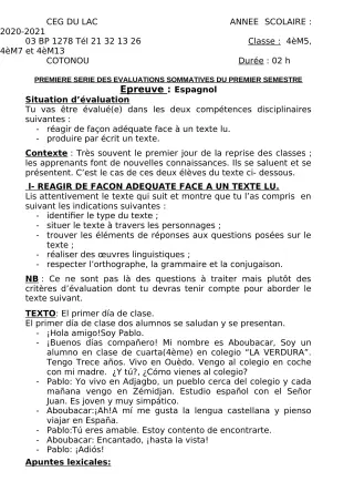 Première page de Espagnol 4e, 4e ML — 1re évaluation sommative, 1er semestre (2020-2021) · CEG du Lac