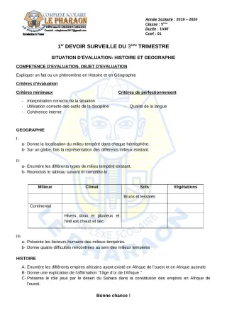 Première page de Histoire-Géographie 5e — 1er devoir surveillé, 3e trimestre (2019-2020) · CPEG LE PHARAON
