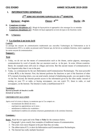 Première page de Anglais 4e, Tle D — 2e devoir surveillé, 1er semestre (2019-2020) · CEG ZOGBO