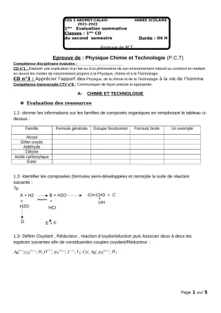 Première page de PCT 1ère C — 1re évaluation sommative, 2e semestre (2021-2022) · CEG2 ABOMEY - CALAVI (CEG ZOCA)