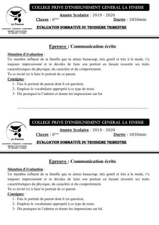 Première page de Français 6e — Évaluation sommative, 3e trimestre (2019-2020) · CPEG La Finesse