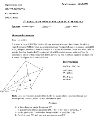 Première page de Mathématiques 4e ML — 2e devoir surveillé, 1er semestre (2018-2019) · CEG SONSORO
