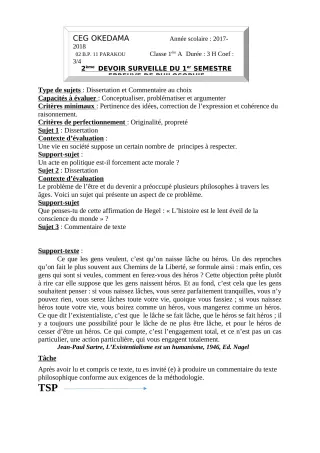 Première page de Philosophie 1ère A1, 1ère A2, 1ère B — 2e devoir surveillé, 1er semestre (2018-2019) · CEG OKEDAMA