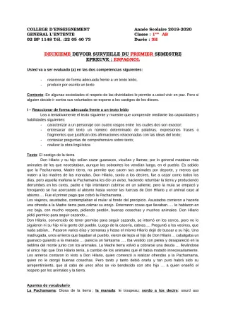 Première page de Espagnol 1ère A2, 1ère B — 2e devoir surveillé, 1er semestre (2019-2020) · CEG L'Entente