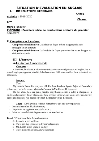 Première page de Anglais 6e — 1re production scolaire, 1er semestre (2019-2020) · CEG1 Adjarra