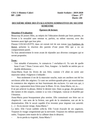 Première page de Français 6e, 5e, 4e, 4e ML, 3e, 3e ML — 2e évaluation sommative, 2e semestre (2019-2020) · CEG3 ABOMEY CALAVI