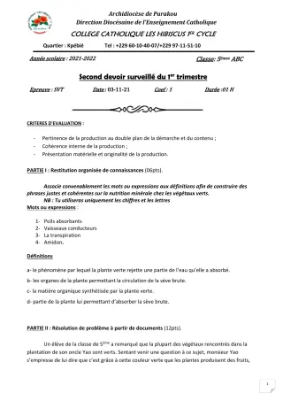 Première page de SVT 5e — 2e devoir surveillé, 1er trimestre (2021-2022) · Hibiscus 1er cycle