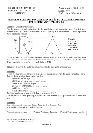 Première page de Mathématiques 6e — 1er devoir surveillé, 2e semestre (2020-2021) · CEG Kouhounou-Vêdoko