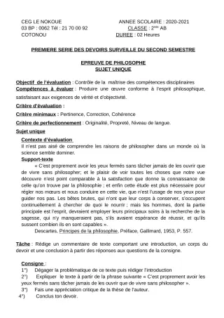 Première page de Philosophie 2nde A1, 2nde A2, 2nde B — 1er devoir surveillé, 2e semestre (2020-2021) · CEG LE NOKOUE