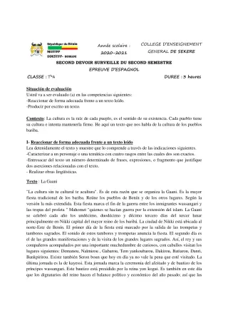 Première page de Espagnol Tle A2 — 2e devoir surveillé, 2e semestre (2020-2021) · CEG SEKERE