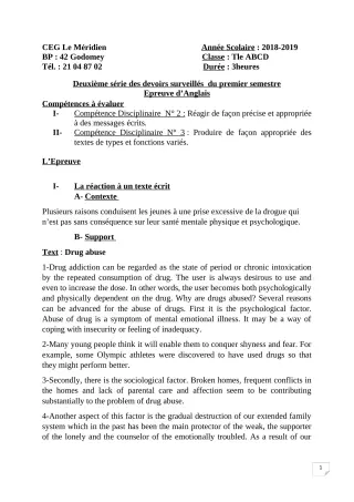 Première page de Anglais Tle A1, Tle A2, Tle B, Tle C, Tle D — 2e devoir surveillé, 1er semestre (2018-2019) · CEG Le Méridien