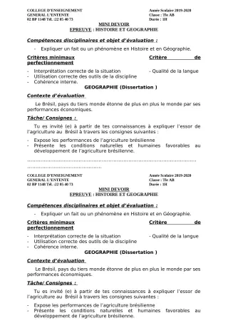 Première page de Histoire-Géographie Tle A2, Tle B — 1er devoir surveillé (2019-2020) · CEG L'Entente