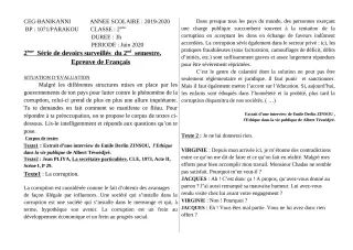 Première page de Français 2nde A2, 2nde B, 2nde C, 2nde D — 2e devoir surveillé, 2e semestre (2019-2020) · CEG Banikanni