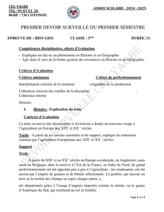 Première page de Histoire-Géographie 3e — 1er devoir surveillé, 1er semestre (2024-2025) · CEG Yagbe