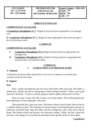 Première page de Anglais 4e, 4e ML — 1er devoir surveillé, 2e semestre (2018-2019) · CEG PAHOU