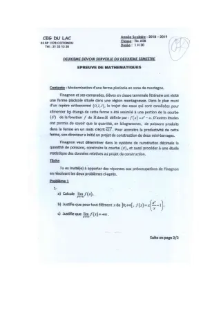 Première page de Mathématiques Tle A2 — 2e devoir surveillé, 2e semestre (2018-2019) · CEG du Lac