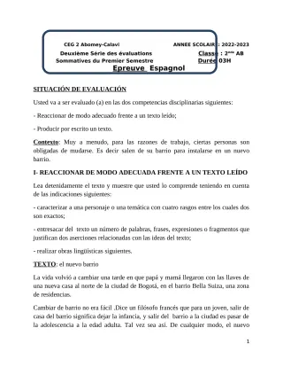 Première page de Espagnol 2nde A & B — 2e évaluation sommative, 1er semestre (2022-2023) · CEG2 ABOMEY - CALAVI (CEG ZOCA)