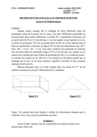 Première page de Mathématiques 5e — 1er devoir surveillé, 1er semestre (2019-2020) · CEG ATROKPOCODJI