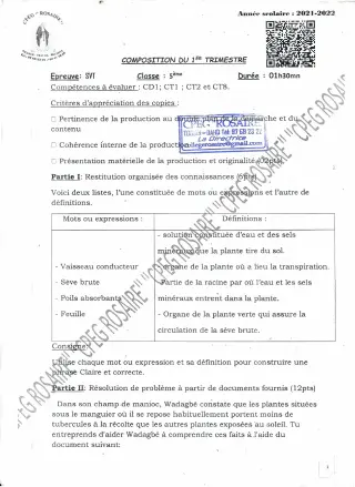Première page de SVT 5e — 2e composition, 1er trimestre (2021-2022) · CPEG ROSAIRE