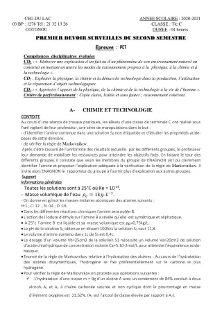 Première page de PCT Tle C — 1er devoir surveillé, 2e semestre (2020-2021) · CEG du Lac