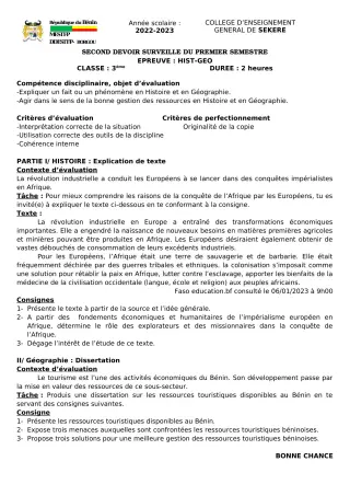 Première page de Histoire-Géographie 3e — 2e devoir surveillé, 1er semestre (2022-2023) · CEG SEKERE