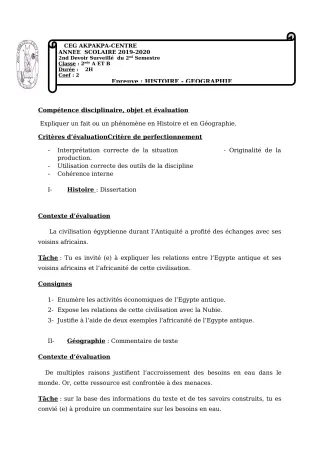 Première page de Histoire-Géographie 2nde A1, 2nde A2, 2nde B — 2e devoir surveillé, 2e semestre (2019-2020) · CEG 1 Akpakpa-Centre
