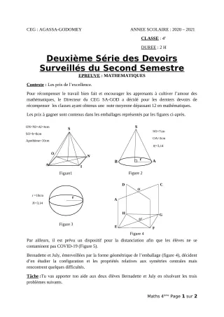 Première page de Mathématiques 4e — 2e devoir surveillé, 2e semestre (2020-2021) · CEG Agassa Godomey
