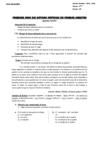 Première page de Espagnol 3e ML — 1er devoir surveillé, 1er semestre (2019-2020) · CEG ADJAGBO