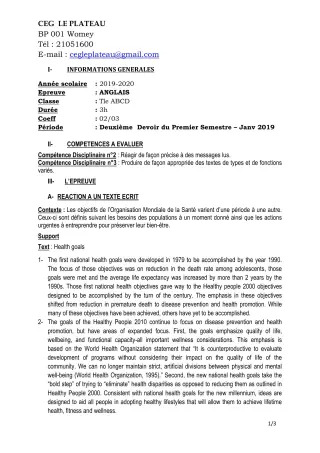 Première page de Anglais Tle A2, Tle B, Tle C, Tle D — 2e devoir surveillé, 1er semestre (2019-2020) · CEG Le Plateau
