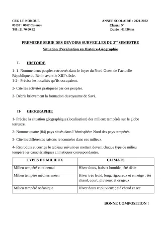 Première page de Histoire-Géographie 5e — 1er devoir surveillé, 2e semestre (2021-2022) · CEG LE NOKOUE