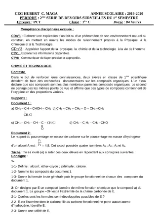 Première page de PCT 1ère C — 2e devoir surveillé, 1er semestre (2019-2020) · CEG Hubert C. MAGA
